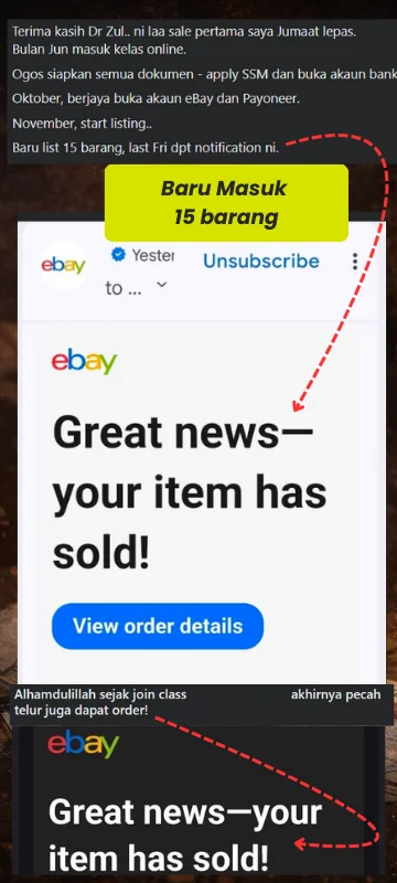 Timeline pelajar - Jun join kelas → Oktober setup eBay → November list produk → Sales pertama!
